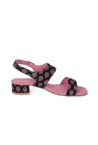 Black Floral  Cotton Ajrakh Strappy Block Heel image 4