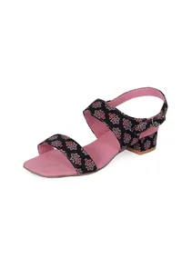 Black Floral  Cotton Ajrakh Strappy Block Heel image 5