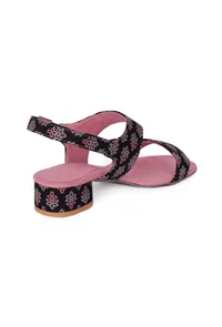 Black Floral  Cotton Ajrakh Strappy Block Heel image 6