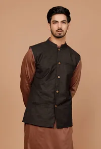 Black Matka Silk Nehru Jacket image 1