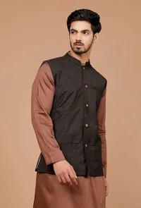 Black Matka Silk Nehru Jacket image 2