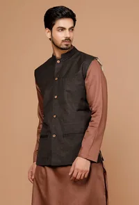 Black Matka Silk Nehru Jacket image 3