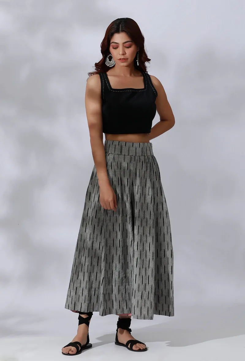 Set Of 2- Black Cotton Crop Top with Black Flared Culottes