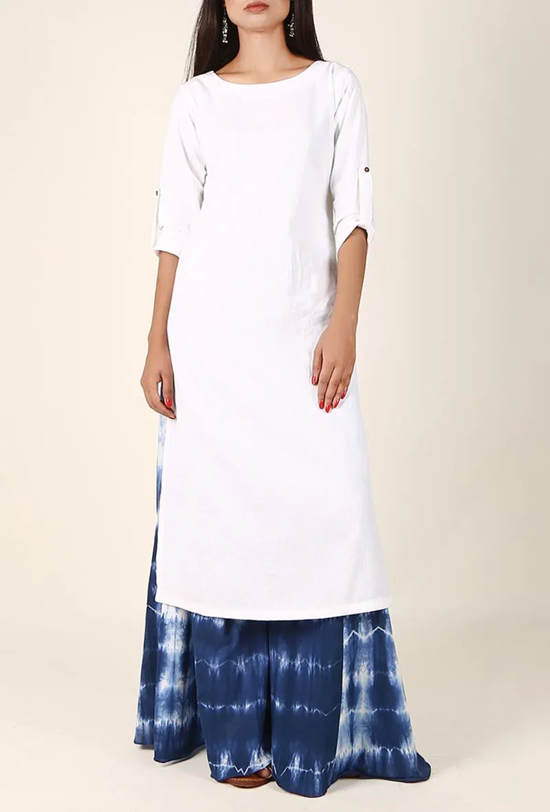 Dove White Cotton Kurta And Indigo Tie & Dye Palazzo Set