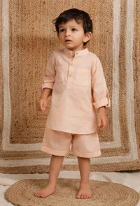 Set Of 2: Peach Mul Mul Short Kurta With Short image 1