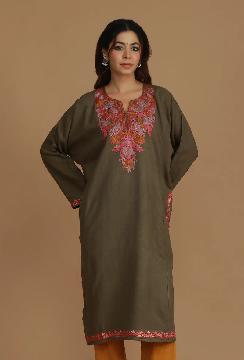 Olive Brown Phiran with Multi-Tone Aari Embroidery- Free Size