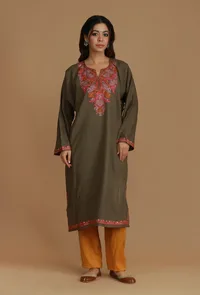 Olive Brown Phiran with Multi-Tone Aari Embroidery- Free Size image 2
