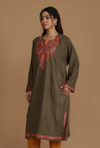 Olive Brown Phiran with Multi-Tone Aari Embroidery- Free Size image 3