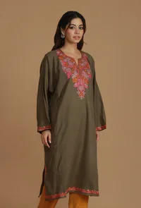 Olive Brown Phiran with Multi-Tone Aari Embroidery- Free Size image 4