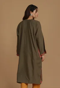 Olive Brown Phiran with Multi-Tone Aari Embroidery- Free Size image 5