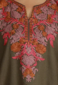 Olive Brown Phiran with Multi-Tone Aari Embroidery- Free Size image 6