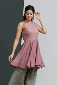 Set of 2: Onion Pink Hand-Block Printed Short Kurti With Grey Hand-Block Stripe Printed Palazzo image 1