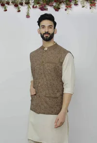 Block Printed Brown Nehru Jacket image 1