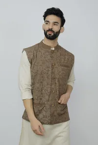 Block Printed Brown Nehru Jacket image 2