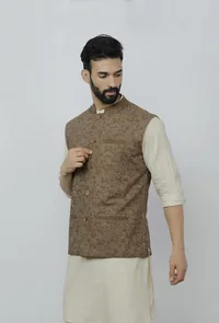 Block Printed Brown Nehru Jacket image 3