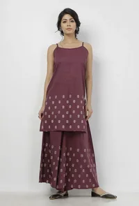 Set of 2: Iya Purple Buti Hand-Block Printed Cotton Slip with Buti Hand-Block Printed Cotton Palazzo image 2