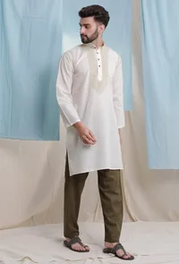 Set Of 2-off white cotton chikankari kurta with pajama image 2