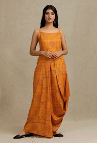Mustard Hand Block Printed draped styled long Dress image 1