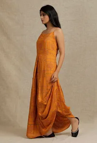 Mustard Hand Block Printed draped styled long Dress image 2