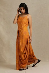 Mustard Hand Block Printed draped styled long Dress image 3