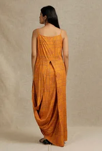 Mustard Hand Block Printed draped styled long Dress image 4