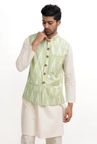 Sea Green Ikat Nehru Jacket image 1