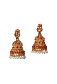 Matte Kemp Stone Jhumkas With Beadwork image 2