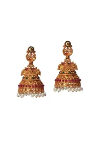 Matte Kemp Stone Jhumkas With Beadwork image 3
