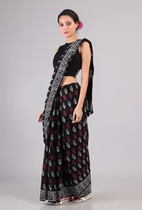 Set of 2: Black Bagru Cotton Saree with Blouse image 1