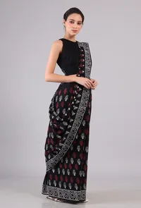 Set of 2: Black Bagru Cotton Saree with Blouse image 2