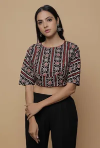 Black and Red  Handblock Printed Cotton Boxy Sleeve Round Neck Blouse image 1