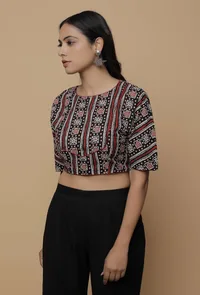 Black and Red  Handblock Printed Cotton Boxy Sleeve Round Neck Blouse image 2