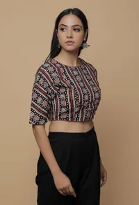 Black and Red  Handblock Printed Cotton Boxy Sleeve Round Neck Blouse image 3