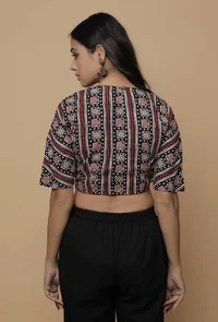 Black and Red  Handblock Printed Cotton Boxy Sleeve Round Neck Blouse image 4