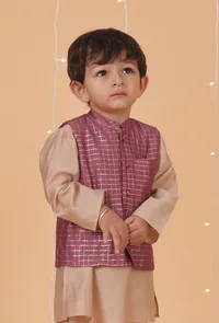 Purple Check Chanderi Nehru Jacket image 1