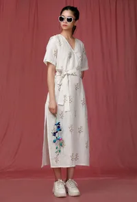 White Handblock Printed overlap Linen Dress image 1