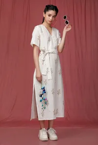 White Handblock Printed overlap Linen Dress image 2