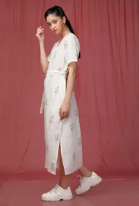 White Handblock Printed overlap Linen Dress image 5