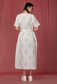 White Handblock Printed overlap Linen Dress image 6