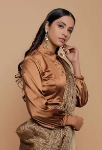 Brown Satin Puffed Sleeve Shirt Blouse image 2