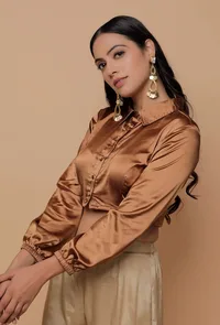 Brown Satin Puffed Sleeve Shirt Blouse image 3