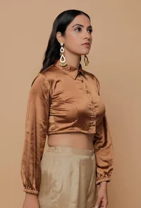 Brown Satin Puffed Sleeve Shirt Blouse image 4