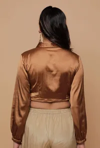 Brown Satin Puffed Sleeve Shirt Blouse image 5