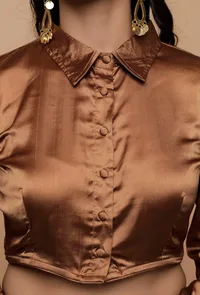 Brown Satin Puffed Sleeve Shirt Blouse image 6