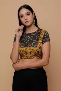 Bottle Green And Yellow  Printed Mashru Back Key Hole Blouse image 1