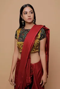 Bottle Green And Yellow  Printed Mashru Back Key Hole Blouse image 2