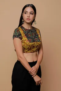 Bottle Green And Yellow  Printed Mashru Back Key Hole Blouse image 3