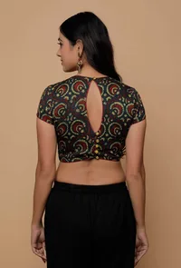 Bottle Green And Yellow  Printed Mashru Back Key Hole Blouse image 4