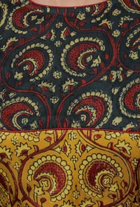 Bottle Green And Yellow  Printed Mashru Back Key Hole Blouse image 5