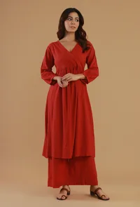 Rust Cotton Wrap Style Kurta image 1